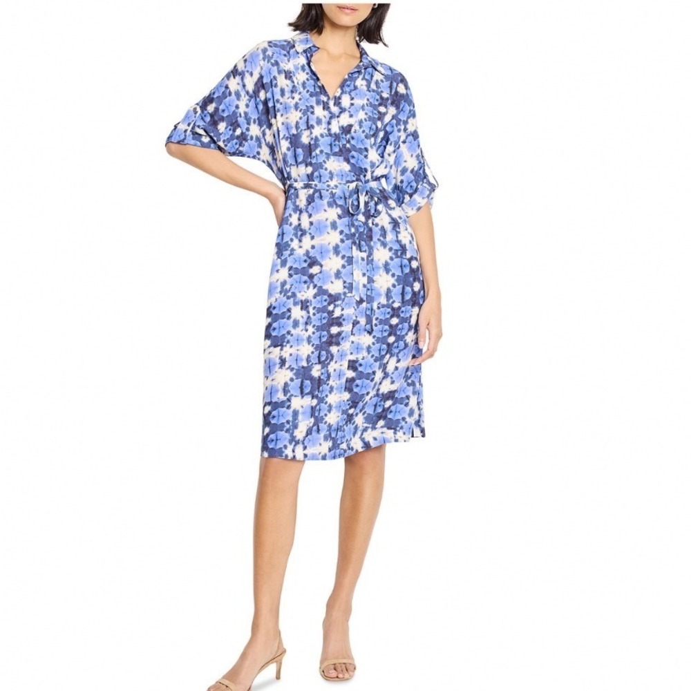 Nic+Zoe Devon Belted Dress Blue Multi Shibori Print Viscose Size medium NEW